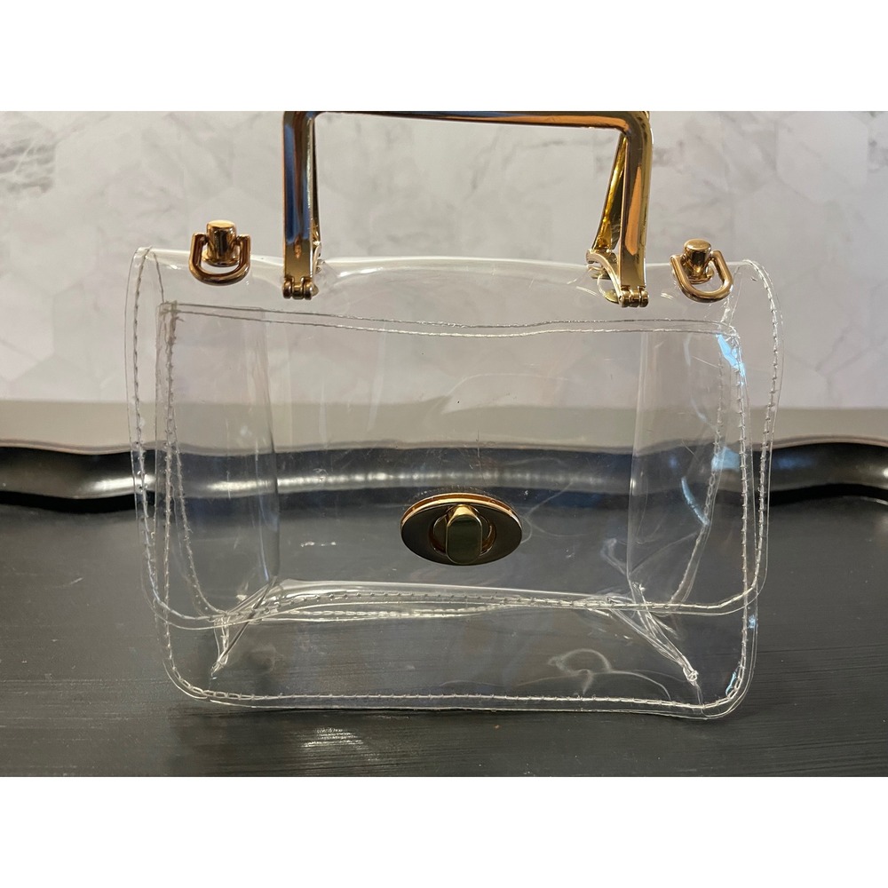 Clear PVC Crossbody Stadium Bag Gold Hardware Turn Lock Top Handle 7 Inch
